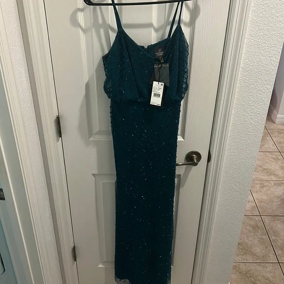 Adrianna Papell | Dresses | Hunter Green Spaghetti Strap Rhinestone  Sequence Prom Dress | Poshmark
